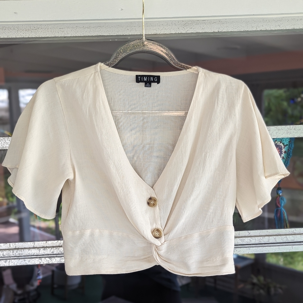 Vintage 90s Timing Crop Top Off White Linen Short Sleeve Peasant V-neck Button